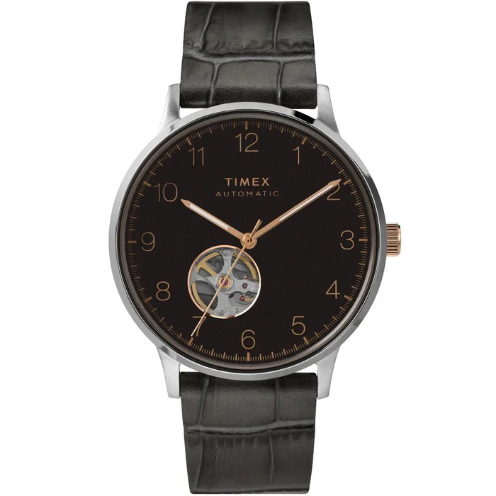Timex Men’s Automatic Watch – Waterbury Black Dial Leather Strap | TW2U11600ZV
