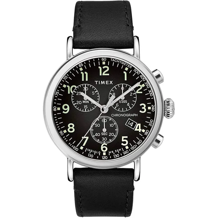 Timex Men’s Chronograph Watch – Standard Black Dial Leather Strap | TW2T21100VQ