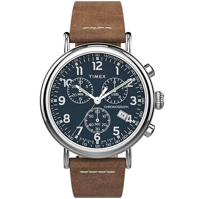 Timex Men’s Chronograph Watch – Standard Blue Dial Tan Leather Strap | TW2T68900VQ