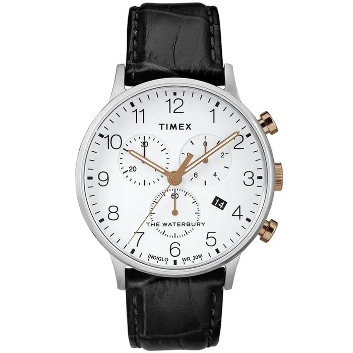 Timex Men’s Chronograph Watch – Waterbury White Dial Black Strap | TW2R71700VQ