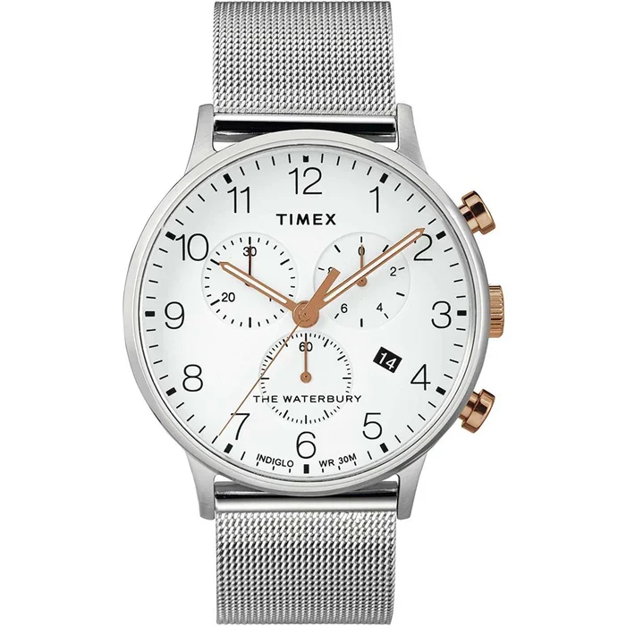 Timex Men’s Chronograph Watch – Waterbury White Dial Mesh Bracelet | TW2T36700VQ