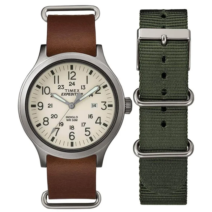 Timex Men’s Quartz Watch – Expedition Scout Cream Dial Brown Leather Strap | TWG016100