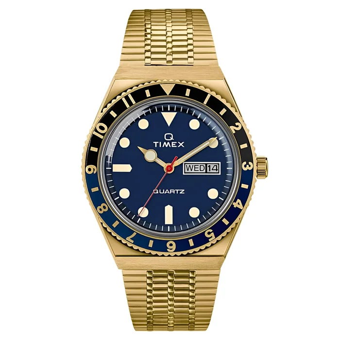 Timex Men’s Quartz Watch – Q Reissue Blue Dial Gold Tone Bracelet | TW2U61400ZV