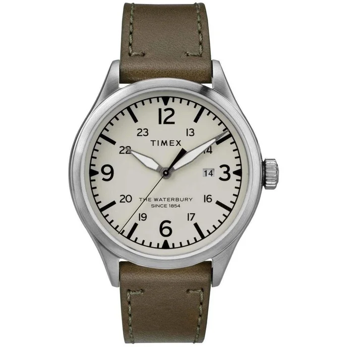 Timex Men’s Quartz Watch – Waterbury Cream Dial Green Leather Strap | TW2R71100