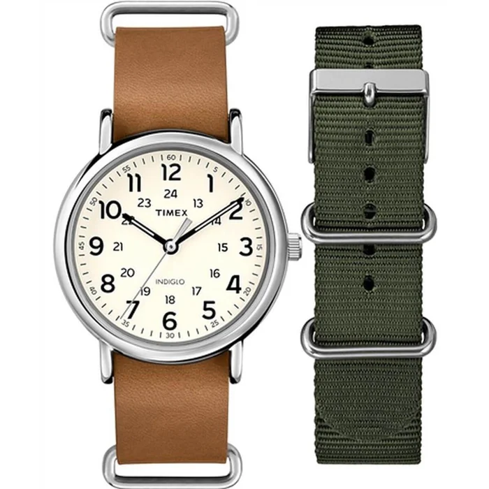Timex Men’s Quartz Watch – Weekender Cream Dial Brown Leather Strap | TWG015100