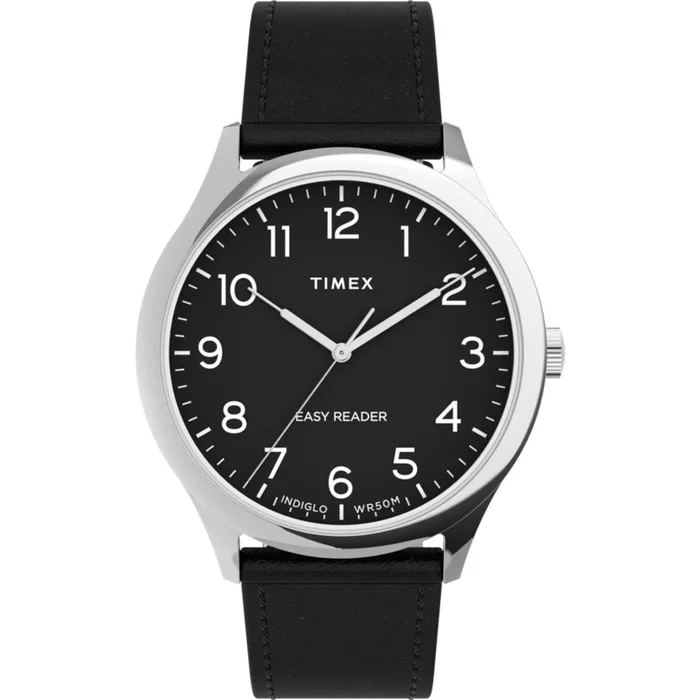 Timex Unisex Quartz Watch – Easy Reader Black Dial Leather Strap | TW2U22300VQ