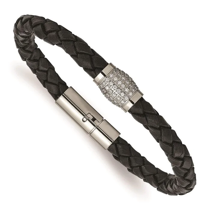 Titanium Polished CZs Black Leather Bracelet