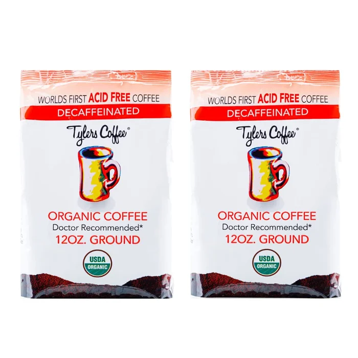 Tyler’s Acid Free Organic Ground Coffee – Arabica Full Flavor Decaffeinated 12 oz (Pack of 2)