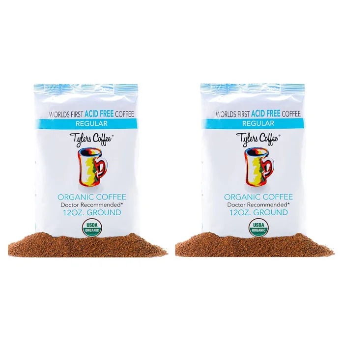 Tyler’s Acid Free Organic Ground Coffee – Arabica Full Flavor – Neutral pH – Caffeinated No Bitter Aftertaste 12 oz (Pack of 2)