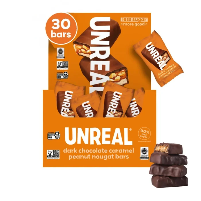 UNREAL Dark Chocolate Peanut Caramel Nougat Bars (30 Mini Bars), 70% Organic Ingredients, Fair Trade, Non-GMO, .67oz each