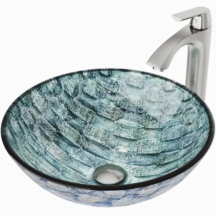 VIGO VGT549 Glass Round Vessel Bathroom Sink in Oceania Blue, Brushed Nickel