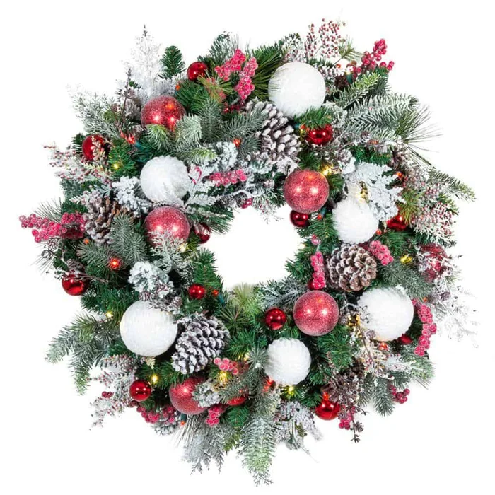 Village Lighting Company v-20715 30 in. Artificial Pre-Lit LED Frosted Wonderland Wreath