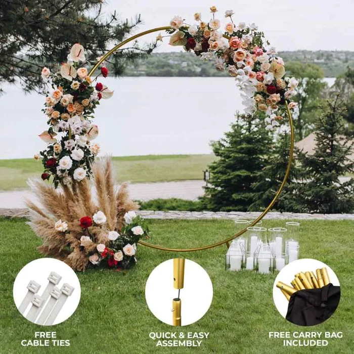 Wedding Moongate Arch Gold 2m/ 200cm Arbour Round Outdoor Decor Background Flower Balloon Circle Hoop Frame Backdrop Party Decoration Floral Prop Floor Standing Baby Shower Birthday Christening