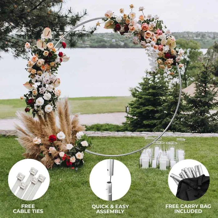 Wedding Moongate Arch Silver 2m/ 200cm Arbour Round Outdoor Decor Background Flower Balloon Circle Hoop Frame Backdrop Party Decoration Floral Prop Floor Standing Baby Shower Birthday Christening