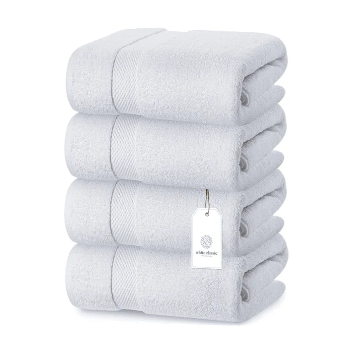 White Classic Luxury Bath Towels Set of 4 Large – 700 GSM Cotton Ultra Soft Bath Towels 27×54, Plush Shower Towels, White