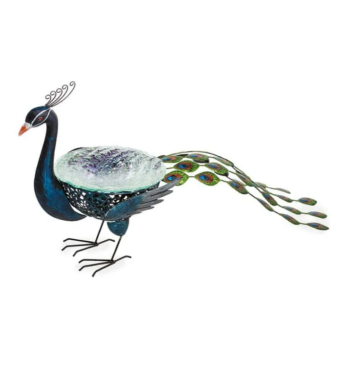 Wind & Weather Vibrant Metal Peacock Birdbath with Glass Bowl