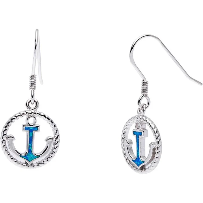 Women’s Earrings – Open Rope Circle and Center Large Blue Opal Anchor | D-5489