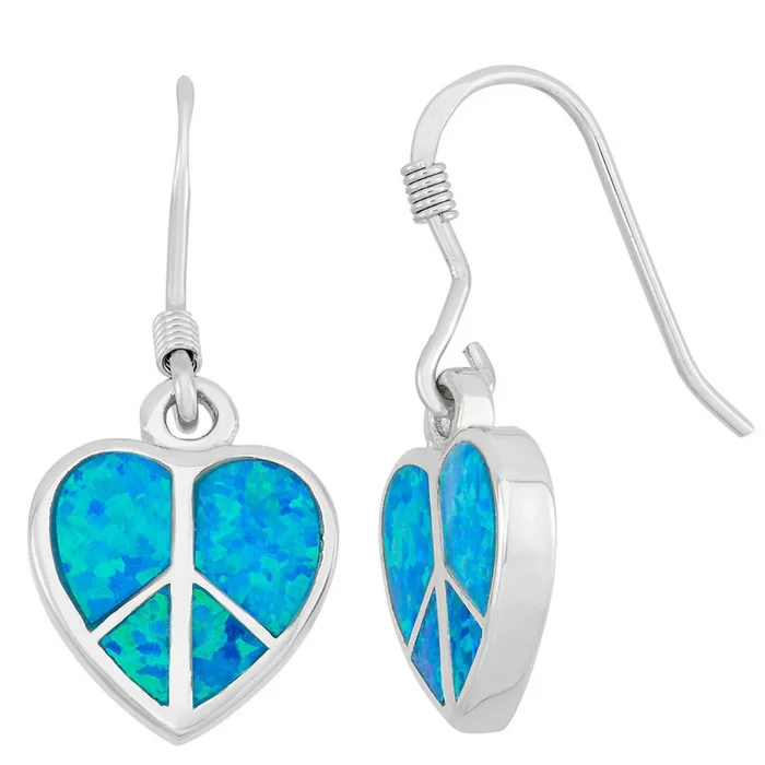 Women’s Earrings – Sterling Silver Blue Inlay Opal Peace Sign Heart | D-3874