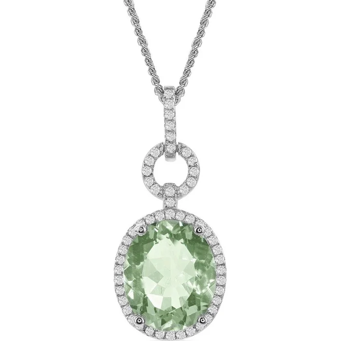 Women’s Necklace – Green Amethyst Oval with White Topaz Border | BLK-7555