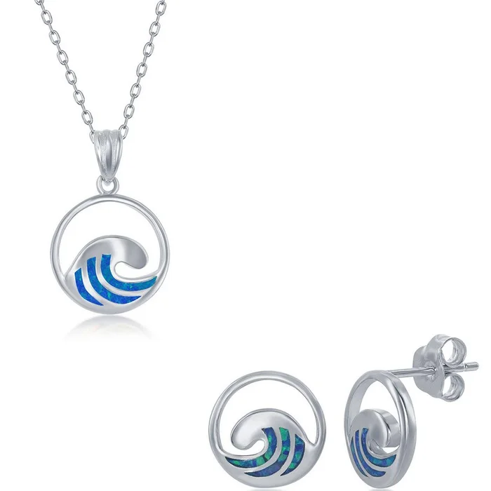 Women’s Necklace and Earrings Set – Sterling Blue Inlay Opal Wave | SET-571
