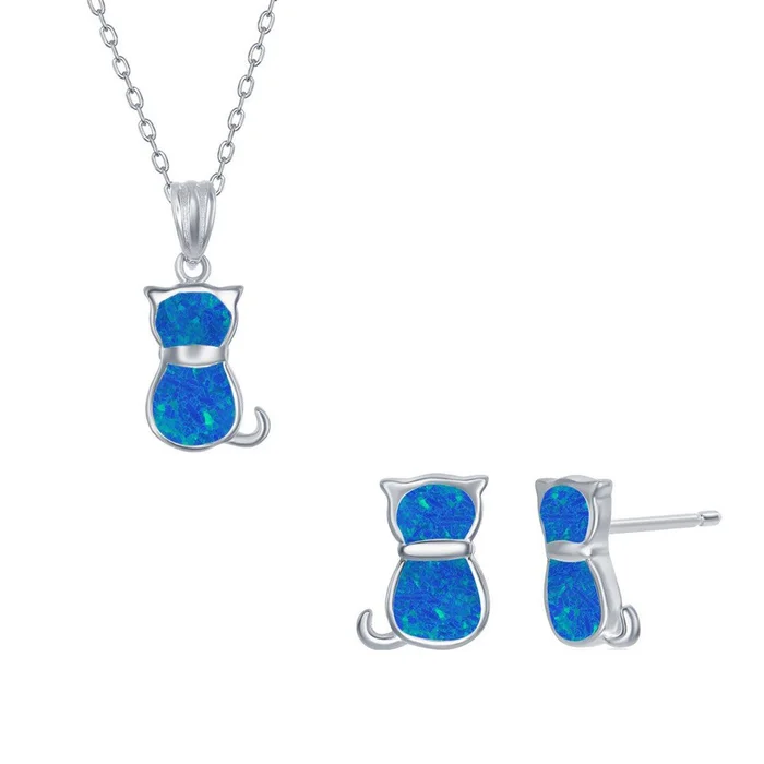 Women’s Necklace and Earrings Set – Sterling Silver Blue Opal Cat | SET-577