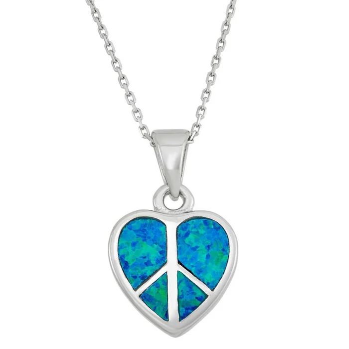 Women’s Pendant Sterling Silver Blue Inlay Opal Peace Sign Heart | K-5241