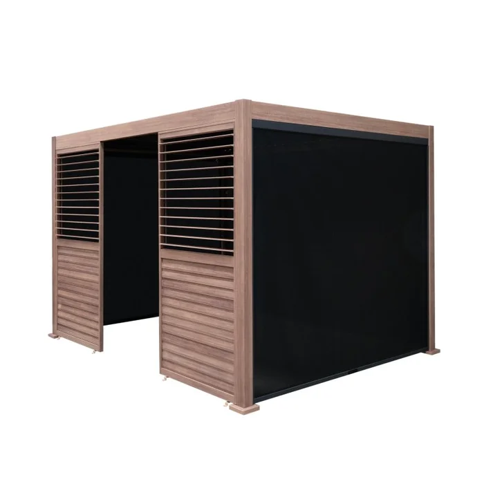 Wood Effect Aluminium Pergola With Blinds & 2 Louvre Panels – 3m x 3m