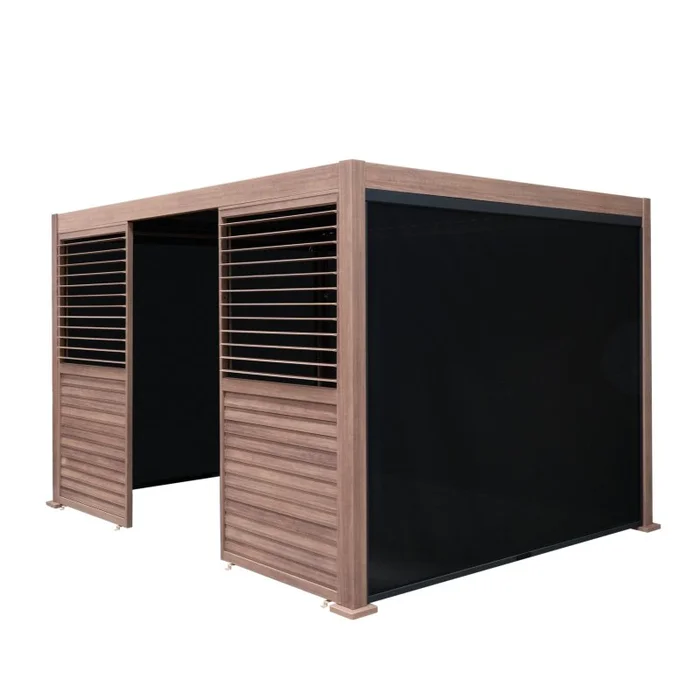 Wood Effect Aluminium Pergola With Blinds & 2 Louvre Panels – 4m x 3m