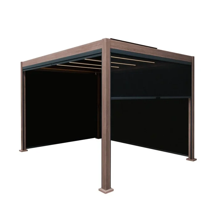 Wood Effect Aluminium Pergola With Blinds & LED Lights – 3m x 3m