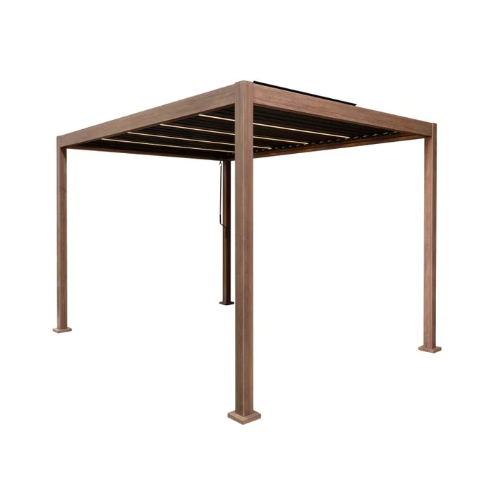 Wood Effect Aluminium Pergola with LED Lights – 3m x 3m