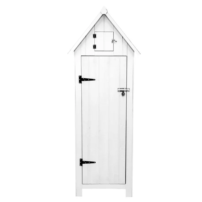 Wooden Garden Storage Shed White Tool Organiser Cabinet Beach Hut Sentry Box Lockable Doors 3 Corner Shelves 4 Door Hooks Roof Hatch Padlock 4 Keys Ground Fixing Kit Screw Covers Fir Wood Asphalt Roof