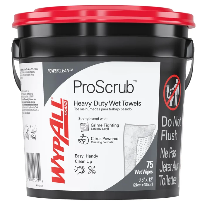 WypAll PowerClean ProScrub Heavy Duty Wet Towels (91371), Dual Action Cleaning, Large 9.5″ x 12″ Wipes, Bucket Included (75 Sheets/Container)