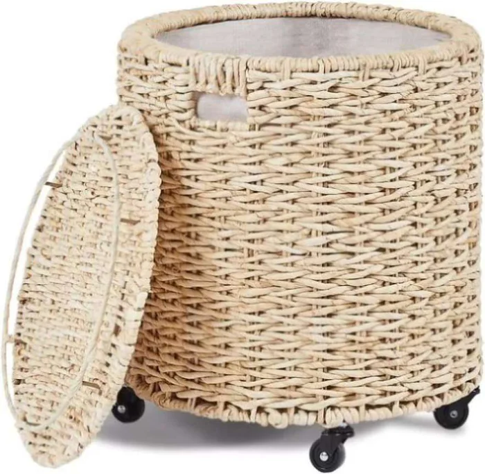 （原92132709）Vintage Storage Basket, Multipurpose Rolling Hamper With Brakable Wheels and Lid, 28510043