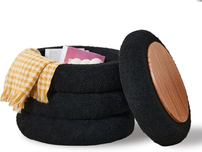 （原sku96013146）Round Storage Ottoman, Modern Sherpa Footstool, Teddy Vanity Stool with Flip-Top 40442711